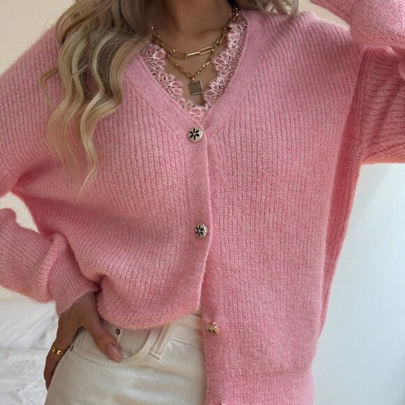 Pink Casual Women's V Neck Lace Trim & Rhinestones Cardigan - Picture 4 of 8